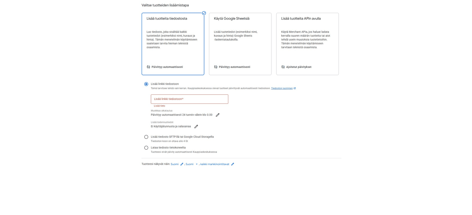 Tuotelähteen lisääminen Google Merchant Centerissä