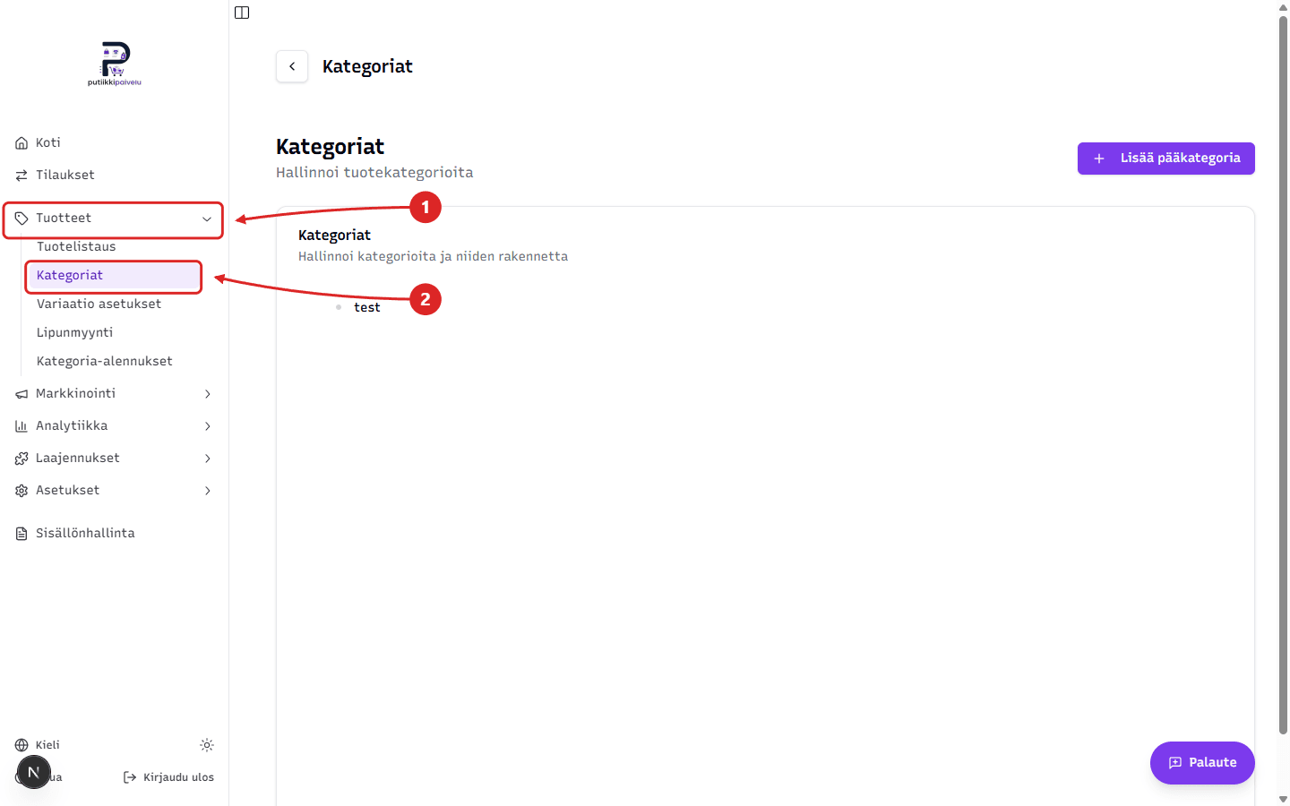 Kategoriat löytyvät sivupalkin Tuotteet-ryhmästä