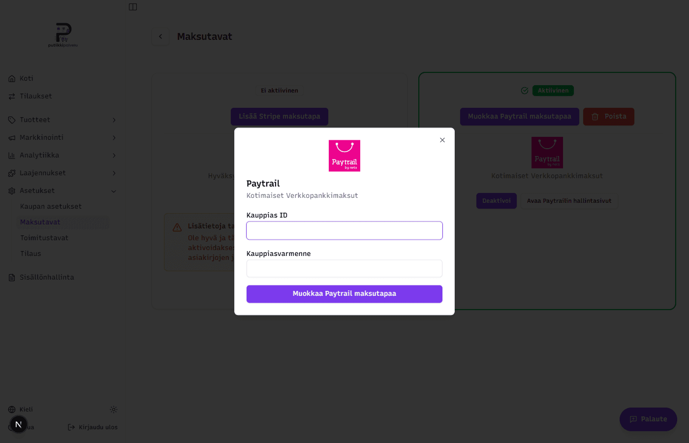 Paytrail — tunnusten syöttömodaali