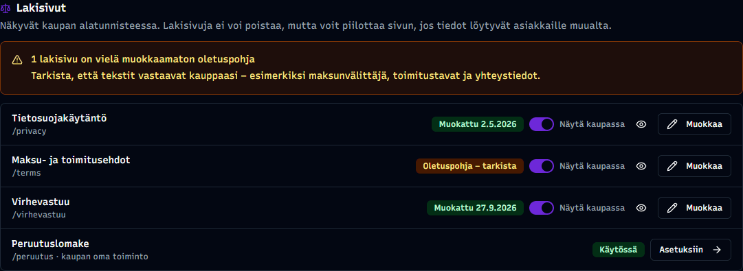 Lakisivut-osio Sisällönhallinnassa